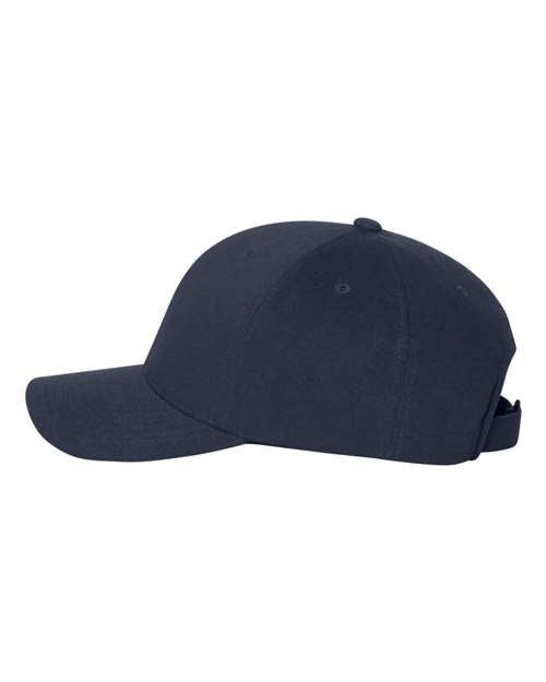 Flexfit 110C hook-and-loop baseball hat in Navy, angled side view.