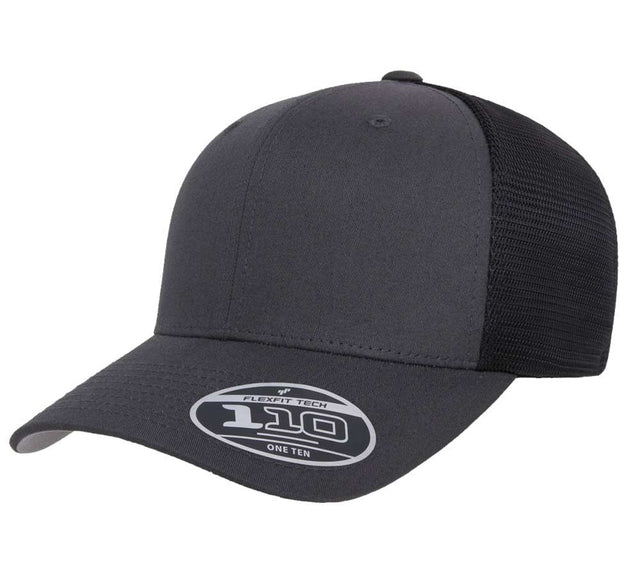 Flexfit 110M snapback trucker hat in Charcoal / Black, angled front view.