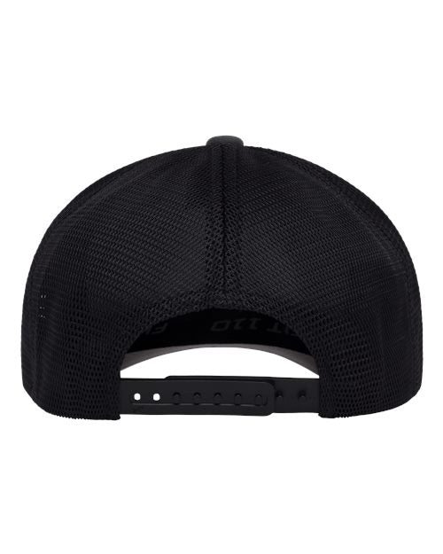Flexfit 110M snapback trucker hat in Charcoal/ Black, back view.