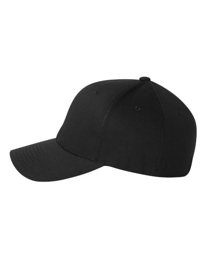 Flexfit 6277 fitted baseball hat in Black, angled side view.
