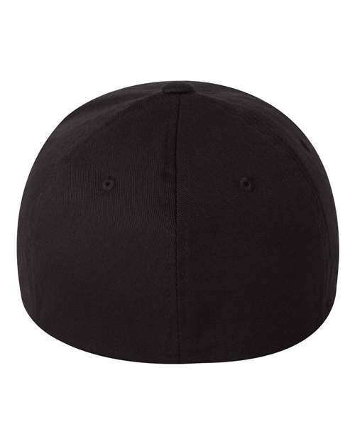 Flexfit 6277 fitted baseball hat in Black, back view.
