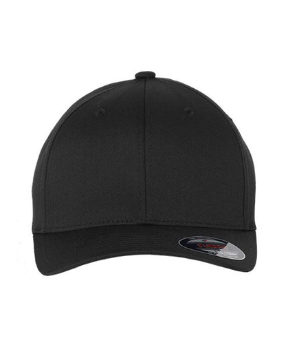 Flexfit 6277 fitted baseball hat in Black, front view.