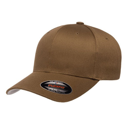 Flexfit 6277 fitted baseball hat in Coyote Brown, angled front view.