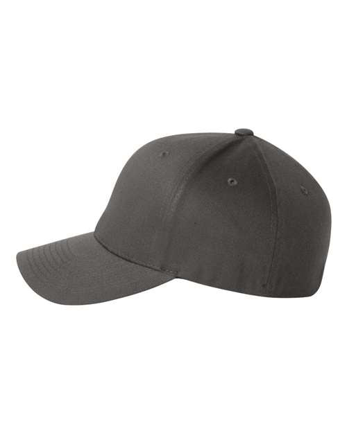 Flexfit 6277 fitted baseball hat in Dark Grey, angled side view.