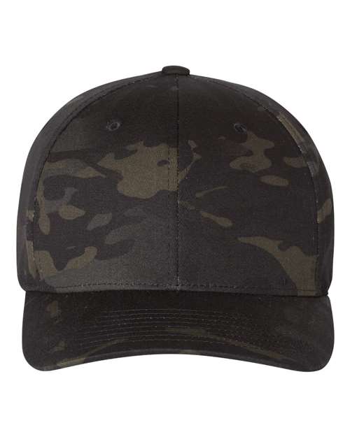 Flexfit 6277 fitted baseball hat in Multicam Black, front view.