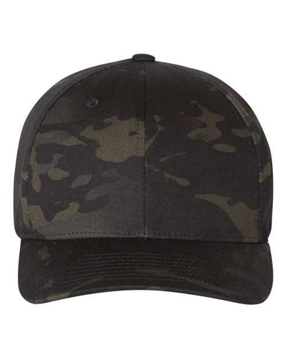 Flexfit 6277 fitted baseball hat in Multicam Black, front view.