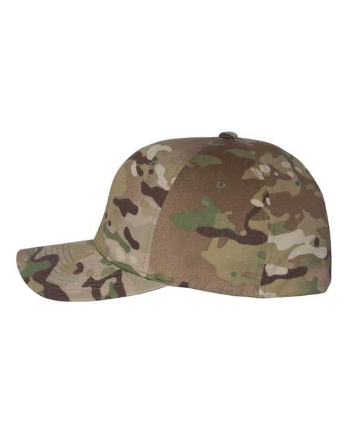 Flexfit 6277 fitted baseball hat in Multicam Green, angled side view.