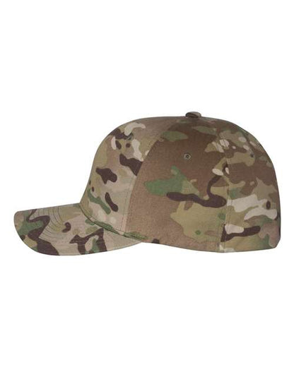 Flexfit 6277 fitted baseball hat in Multicam Green, angled side view.