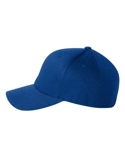Flexfit 6277 fitted baseball hat in Royal Blue, angled side view.