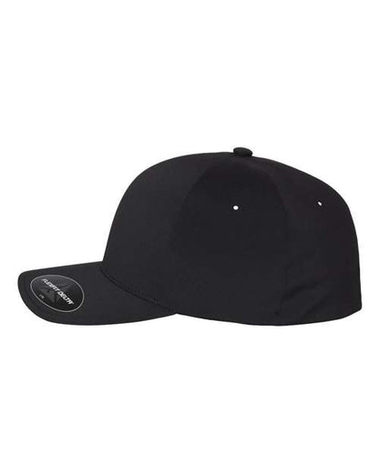 Flexfit Delta 180 performance fitted hat in Black, angled side view.
