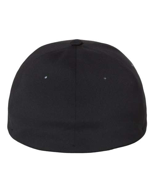 Flexfit Delta 180 performance fitted hat in Black, back view.