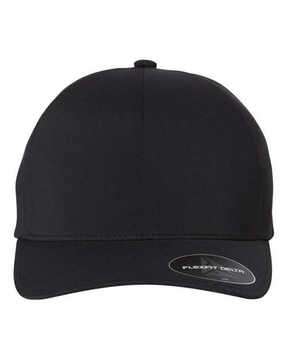 Flexfit Delta 180 performance fitted hat in Black, front view.