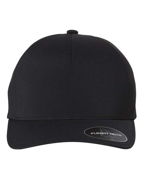 Flexfit Delta 180 performance fitted hat in Black, front view.