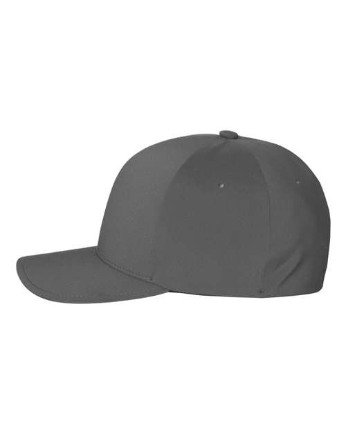 Flexfit Delta 180 performance fitted hat in Dark Grey, angled side view.