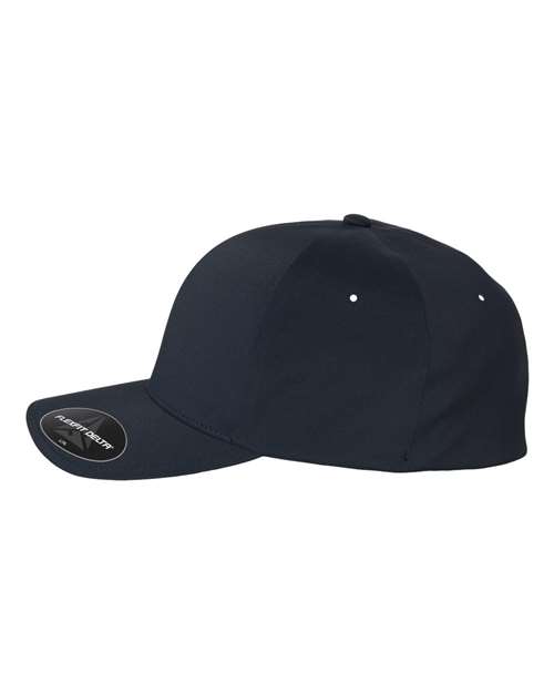 Flexfit Delta 180 performance fitted hat in Navy, angled side view.