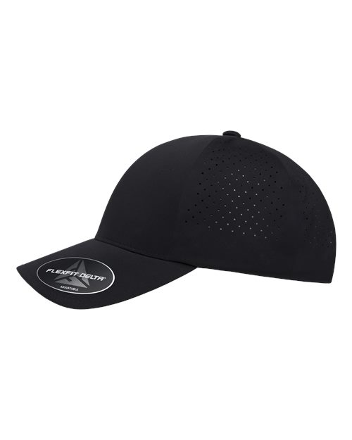 Flexfit Delta 180AP perforated snapback hat in Black, angled side view.