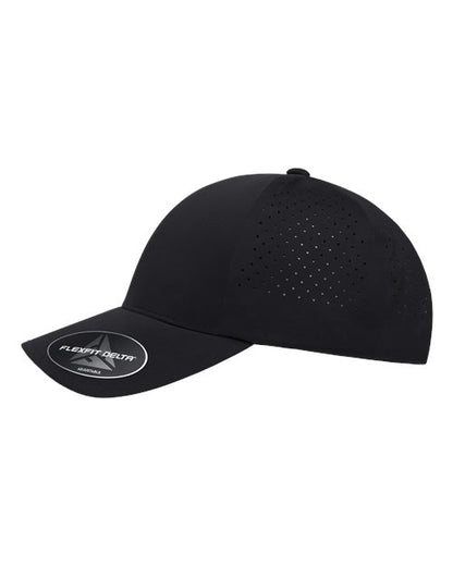 Flexfit Delta 180AP perforated snapback hat in Black, angled side view.