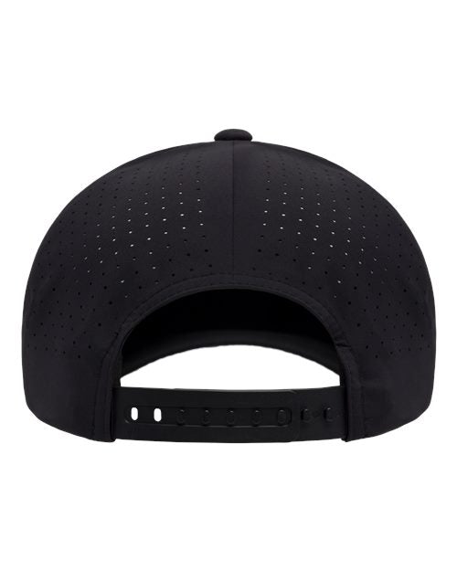 Flexfit Delta 180AP perforated snapback hat in Black, back view.