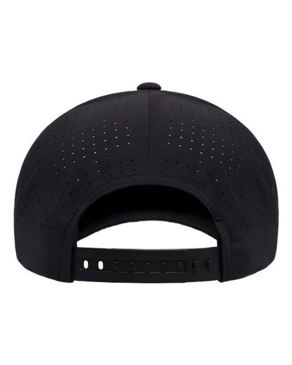 Flexfit Delta 180AP perforated snapback hat in Black, back view.