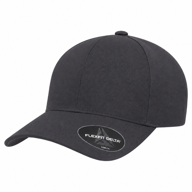 Flexfit Delta 180AP perforated snapback hat in Dark Grey, angled front view.
