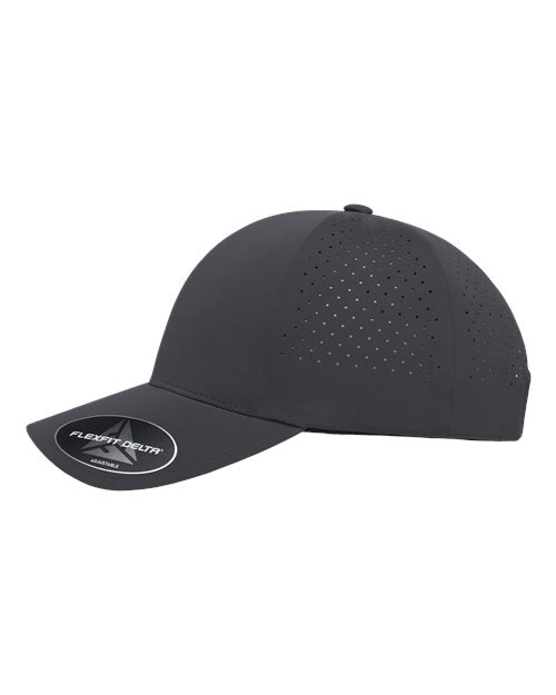 Flexfit Delta 180AP perforated snapback hat in Dark Grey, angled side view.