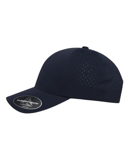 Flexfit Delta 180AP perforated snapback hat in Navy, angled side view.
