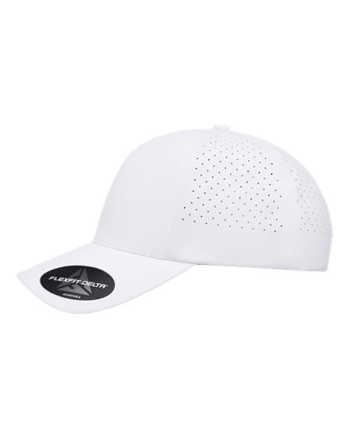 Flexfit Delta 180AP perforated snapback hat in White, angled side view.