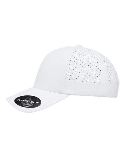 Flexfit Delta 180AP perforated snapback hat in White, angled side view.