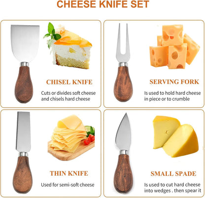 Cheese knife set diagram showing the chisel knife, serving fork, thin knife and small spade.