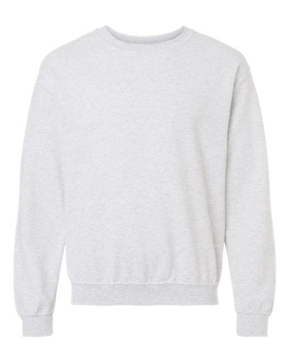 Gildan 18000 Heavy Blend crewneck sweatshirt in Ash, front view showing the crew neckline, long sleeves and ribbed hem.