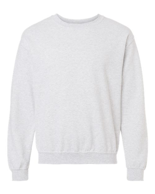 Gildan 18000 Heavy Blend crewneck sweatshirt in Ash, front view showing the crew neckline, long sleeves and ribbed hem.