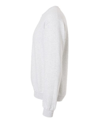 Gildan 18000 Heavy Blend crewneck sweatshirt in Ash, side view showing the long sleeve and ribbed hem.