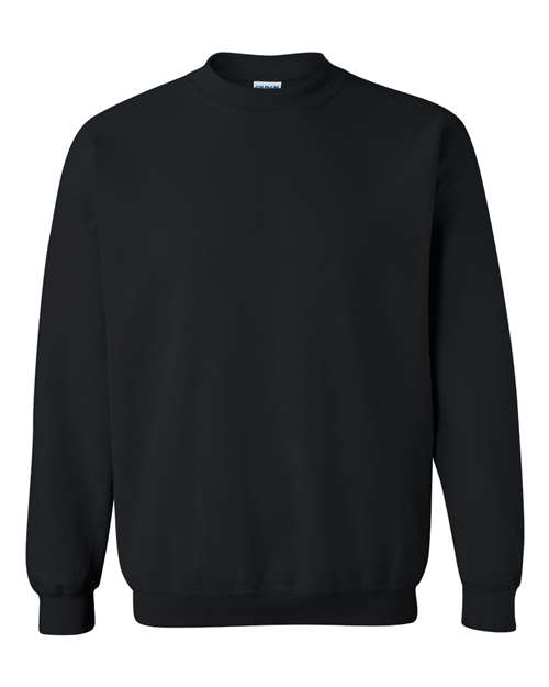 Gildan 18000 Heavy Blend crewneck sweatshirt in Black, front view showing the crew neckline, long sleeves and ribbed hem.