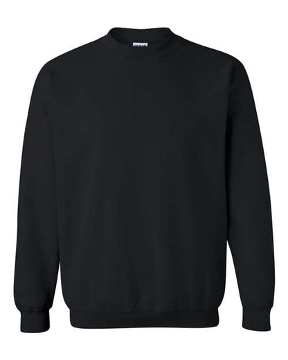 Gildan 18000 Heavy Blend crewneck sweatshirt in Black, front view showing the crew neckline, long sleeves and ribbed hem.