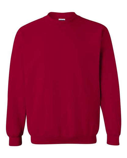 Gildan 18000 Heavy Blend crewneck sweatshirt in Cardinal Red, front view showing the crew neckline, long sleeves and ribbed hem.