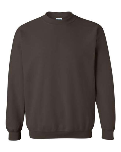 Gildan 18000 Heavy Blend crewneck sweatshirt in Dark Chocolate, front view showing the crew neckline, long sleeves and ribbed hem.