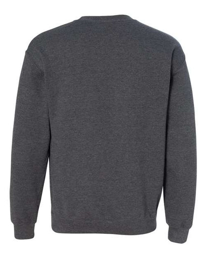 Gildan 18000 Heavy Blend crewneck sweatshirt in Dark Heather, back view.