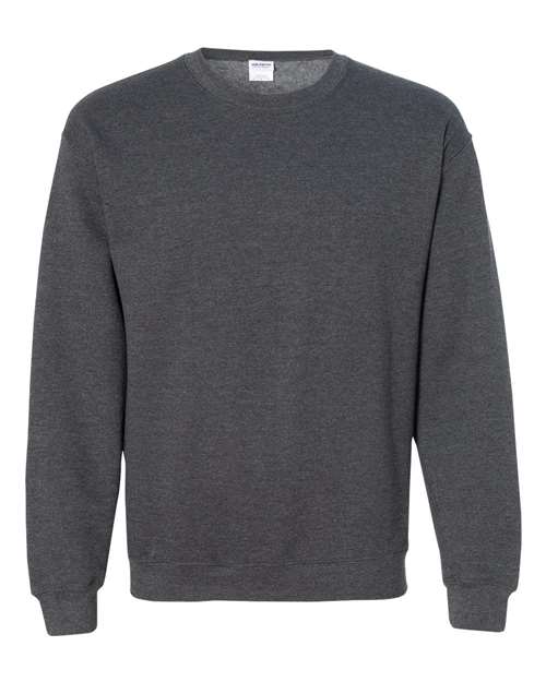 Gildan 18000 Heavy Blend crewneck sweatshirt in Dark Heather, front view showing the crew neckline, long sleeves and ribbed hem.