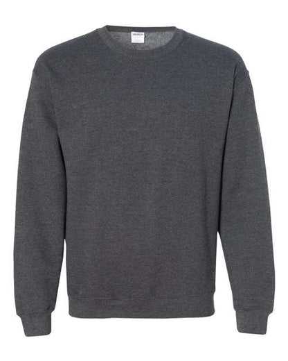 Gildan 18000 Heavy Blend crewneck sweatshirt in Dark Heather, front view showing the crew neckline, long sleeves and ribbed hem.