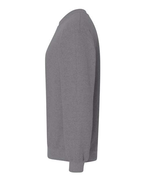 Gildan 18000 Heavy Blend crewneck sweatshirt in Graphite Heather, side view showing the long sleeve and ribbed hem.