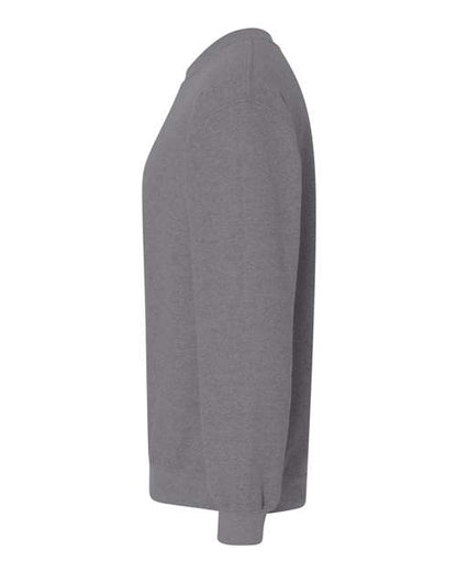Gildan 18000 Heavy Blend crewneck sweatshirt in Graphite Heather, side view showing the long sleeve and ribbed hem.
