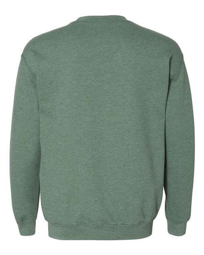 Gildan 18000 Heavy Blend crewneck sweatshirt in Heather Dark Green, back view.
