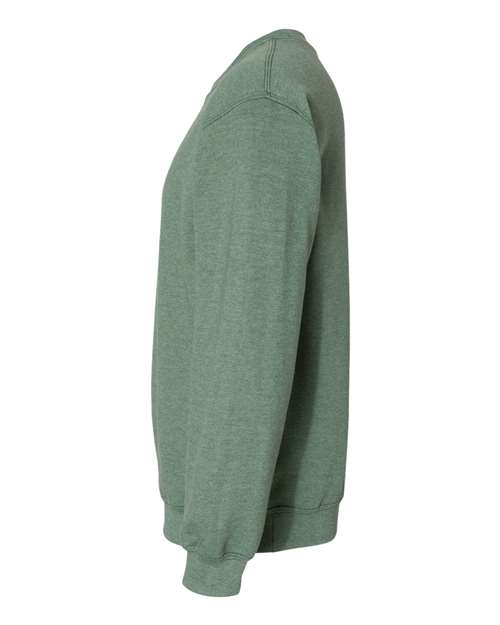 Gildan 18000 Heavy Blend crewneck sweatshirt in Heather Dark Green, side view showing the long sleeve and ribbed hem.