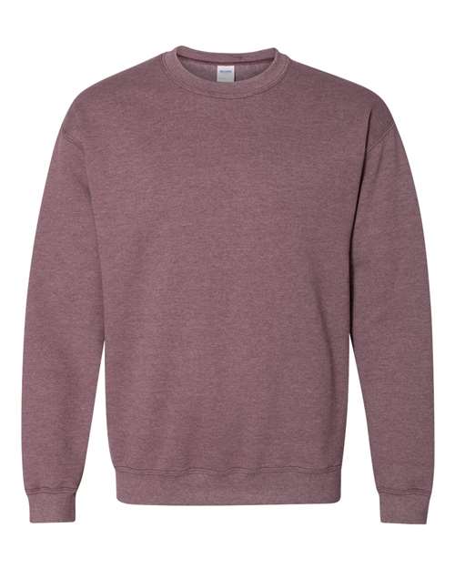 Gildan 18000 Heavy Blend crewneck sweatshirt in Heather Dark Maroon, front view showing the crew neckline, long sleeves and ribbed hem.