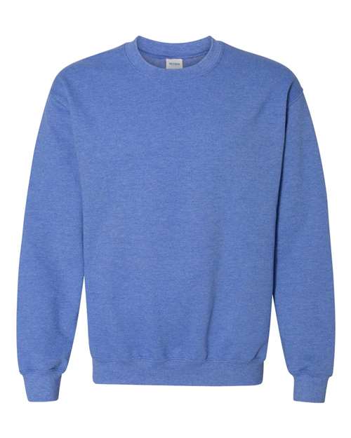 Gildan 18000 Heavy Blend crewneck sweatshirt in Heather Deep Royal, front view showing the crew neckline, long sleeves and ribbed hem.