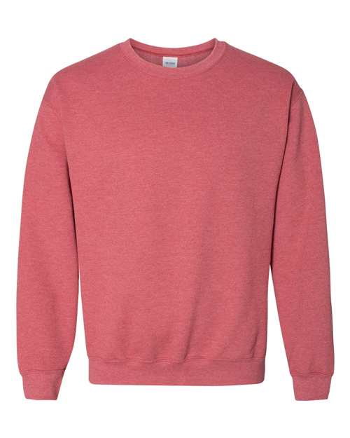 Gildan 18000 Heavy Blend crewneck sweatshirt in Heather Scarlet Red, front view showing the crew neckline, long sleeves and ribbed hem.