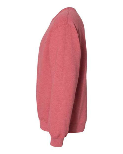 Gildan 18000 Heavy Blend crewneck sweatshirt in Heather Scarlet Red, side view showing the long sleeve and ribbed hem.