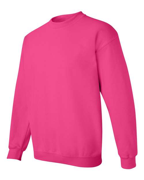 Gildan 18000 Heavy Blend crewneck sweatshirt in Heliconia, angled front view.