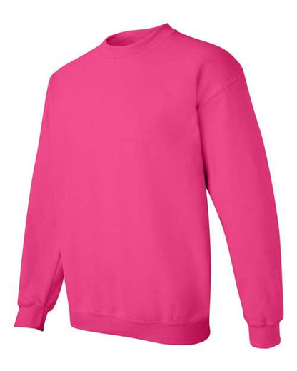 Gildan 18000 Heavy Blend crewneck sweatshirt in Heliconia, angled front view.