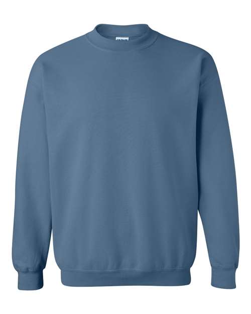 Gildan 18000 Heavy Blend crewneck sweatshirt in Indigo Blue, front view showing the crew neckline, long sleeves and ribbed hem.